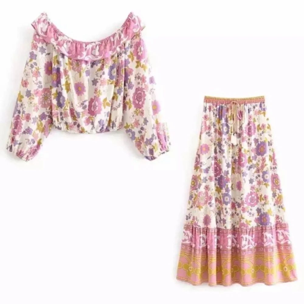 Waverly Floral Gypsy Bohemian Off Shoulder Blouse & Maxi Ruffle Skirt Set - Picture 13 of 13